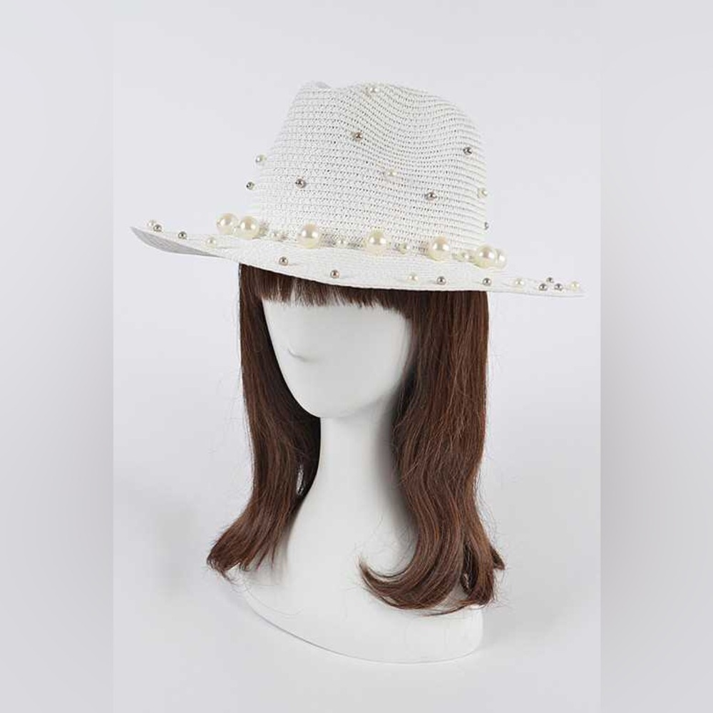 Western Pearl Cowboy Fedora Wide Brim Straw Floppy Hat